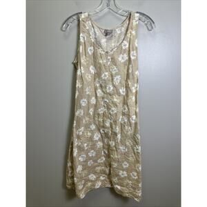 J Jill Sleeveless A Line Linen Dress S Pockets Beige Floral Print Beachy Cottage